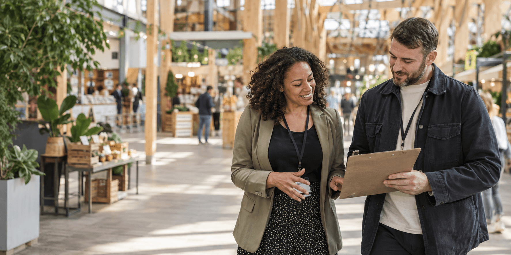 A venue manager and campaign coordinator planning together in a market hall